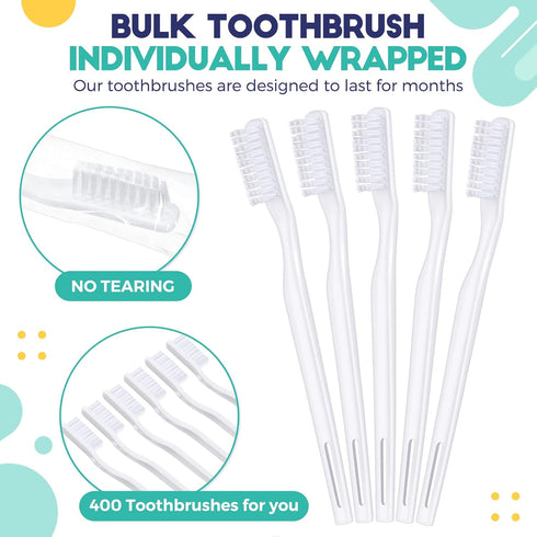 400 Pack Disposable Toothbrushes - Individually Wrapped Hard Bristle Adult Toothbrushes for Travel, Single Use (White)