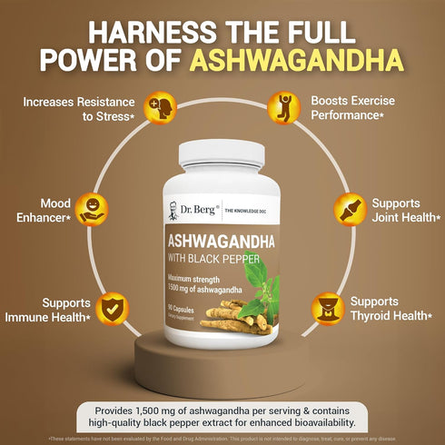 Dr. Berg Ashwagandha Capsules 1500mg - Organic Ashwagandha Root with Black Pepper from Bioperine - 90 Capsules