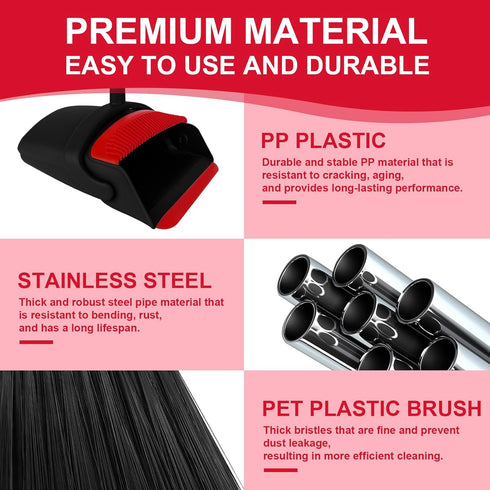 Set 51" Broom with Dustpan Combo and Silicone Air Broom Kit, Long Handle Floor Squeegee, Red Household Kit for Glass