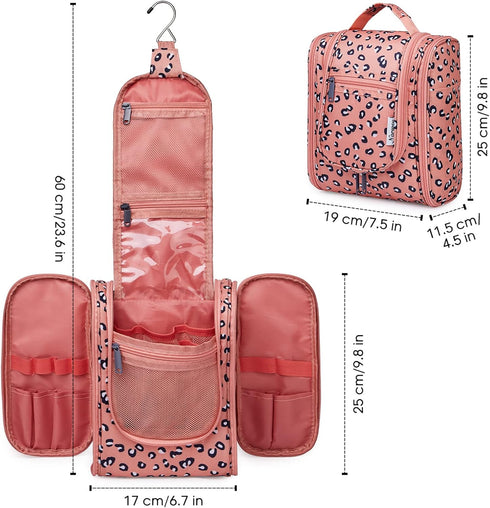 Narwey Small Hanging Cheetah Toiletry Bag, Women Travel Makeup Bag Organizer for Travel Size Essentials Accessories