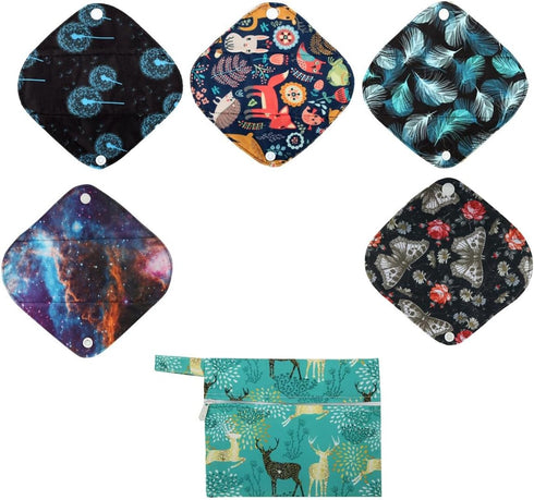 5 XS Panty Liners and 1 Wet Bag, Reusable Washable Cloth Menstrual Pads (Deers, XS Panty Liners)