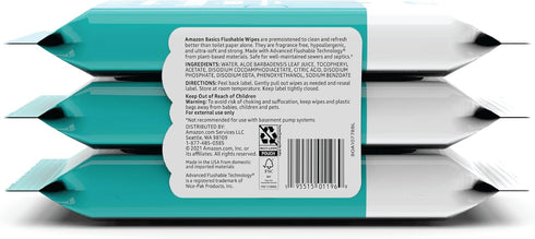 Amazon Basics Flushable Adult Toilet Wipes, Fragrance Free, 126 Count, 3 Packs of 42