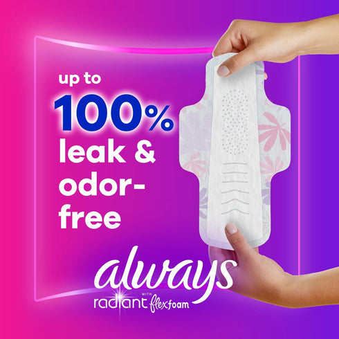 Always Radiant Feminine Pads for Women, Flexfoam Pads with Wings, Regular Absorbency, 90 Count