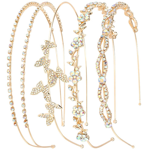 Wecoe 4 Pack AB Rhinestone Headbands, Gold Metal Headbands, Flower Girl Bridal Wedding Headband