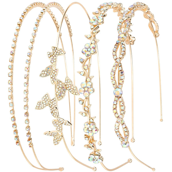 Wecoe 4 Pack AB Rhinestone Headbands, Gold Metal Headbands, Flower Girl Bridal Wedding Headband