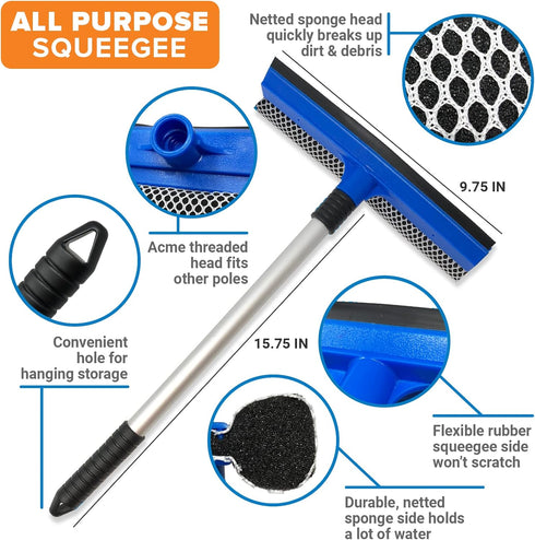 Window Squeegee with Long Handle and Scrubber for Car, Boat, RV Windows, Windshields, Shower Glass Doors, Cleaning Tool