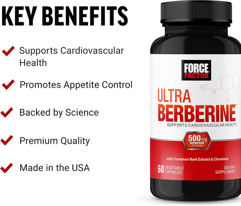 FORCE FACTOR Ultra Berberine Supplement with Cinnamon to Support Cardiovascular Health and Metabolism with Berberine 500mg, Clinically Studied Dose, Non-GMO, Gluten Free, 60 Capsules