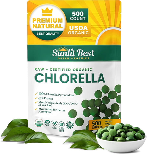 Sunlit USDA Organic Premium Chlorella Tablets, 500 Tabs, 100% Pure Superfood Supplement High in Protein and Vitamins