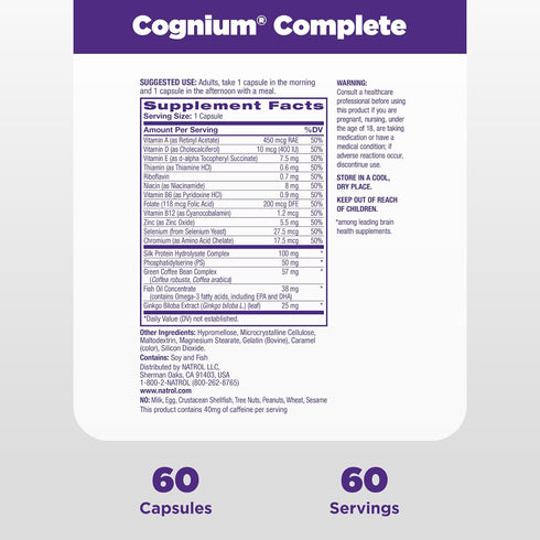 Natrol Cognium Complete Dietary Supplement for Brain Health, 60 Capsules, 30 Day Supply for Adults