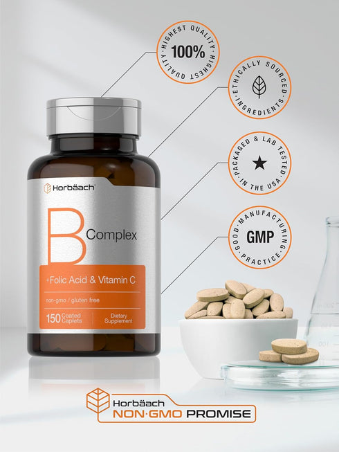Horbaach B-Complex | 150 Caplets | Plus Folic Acid & Vitamin C | Non-GMO & Gluten Free Supplement
