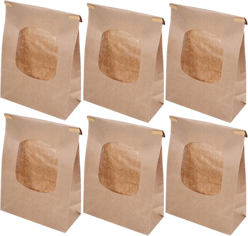 TOPPERFUN 50pcs Kraft Paper Bread Bags with Window, Large Reusable Bread Packaging Bags