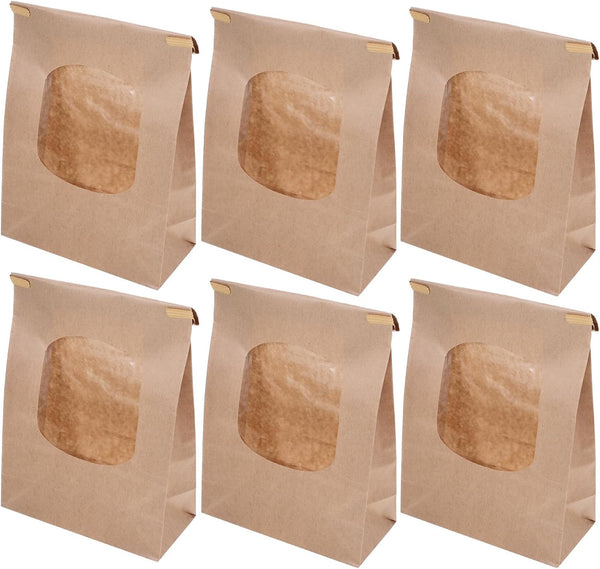 TOPPERFUN 50pcs Kraft Paper Bread Bags with Window, Large Reusable Bread Packaging Bags