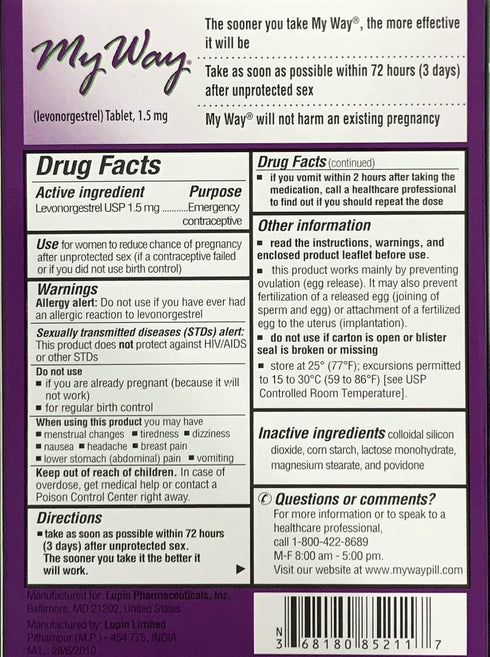 LUPIN 1 (6) My Way Emergency Contraceptive Tablet Each