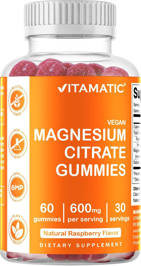 Vitamatic Magnesium Citrate Gummies 600mg - 60 Vegan Gummies - Promotes Healthy Relaxation, Muscle, Bone Support