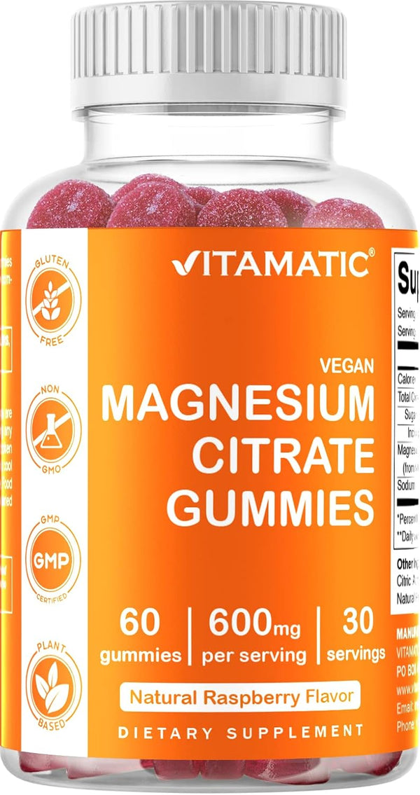 Vitamatic Magnesium Citrate Gummies 600mg - 60 Vegan Gummies - Promotes Healthy Relaxation, Muscle, Bone Support
