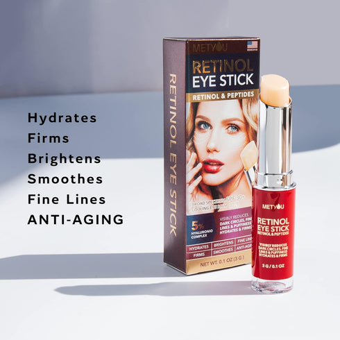 Retinol Eye Stick, Cooling & Brightening Cream for Dark Circles, Puffiness, PEPTIDES 5% Hyaluronic Acid Complex, SPF 30+
