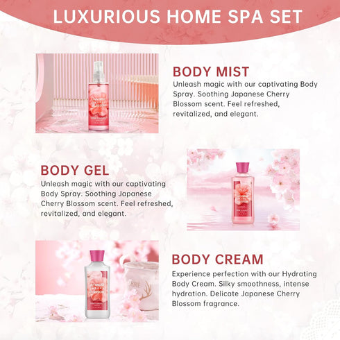 Bath and Body Gift Set for Women & Girls, Japanese Cherry Blossom Spa Set With Natural Extracts, 3PCS Set for - Shower Gel, Body Lotion, Body Mist, Personal Self Care Kit, Body Care Travel Set