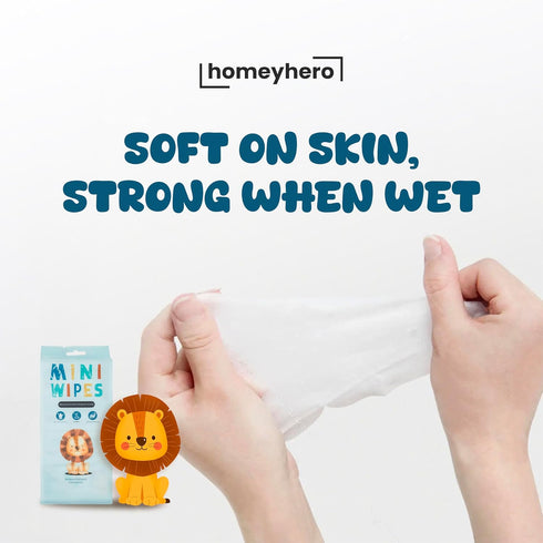 HomeyHero 100% 64 Travel Baby Wipes - Plant-Based Bamboo, Safe for babies & Sensitive Skin, Alcohol & Fragrance Free