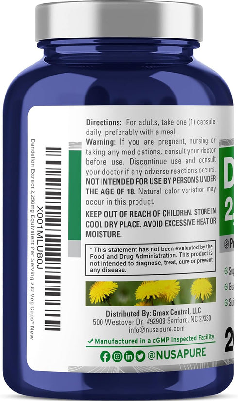 NusaPure Dandelion Root 20:1 Extract, 112.5mg Equivalent to 2,250mg, 200 Veggie Capsules, Non-GMO