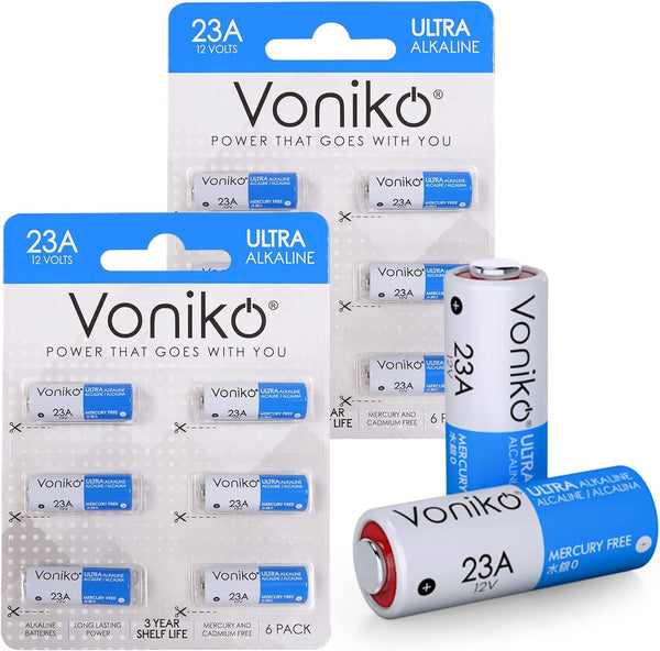 Voniko Alkaline Battery 23A, Ultra 23A Batteries (12-Pack), Long Lasting 12 Volt A23 for Doorbells and Remotes