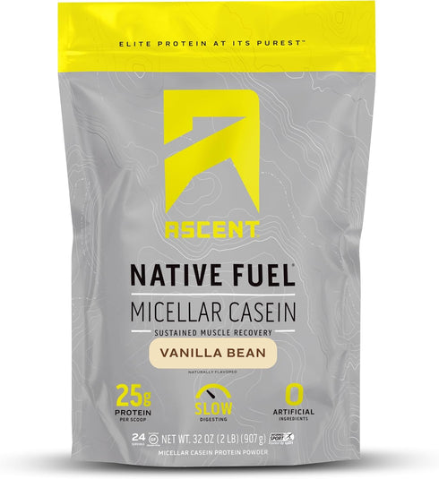 Ascent Casein Protein Powder - 25g Micellar Casein, Gluten-Free, No Added Sugar, 4.9g BCAA, Vanilla Bean, 2 Pounds