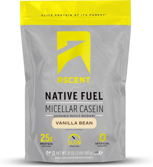 Ascent Casein Protein Powder - 25g Micellar Casein, Gluten-Free, No Added Sugar, 4.9g BCAA, Vanilla Bean, 2 Pounds