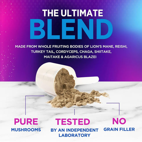 Mushroom Supplement Powder - 11 in 1 Complex Nootropic & Adaptogens Blend, Organic Mushrooms, 60 Servings
