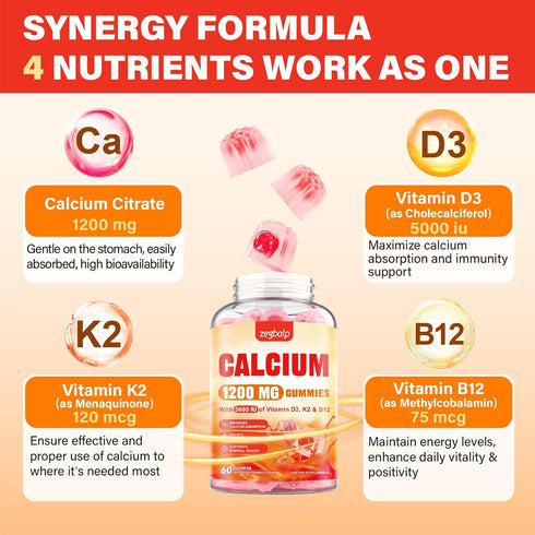 ZEGBALP 1200 D3 Gummies D3 5000IU, K2, B12 60 Gummies Calcium mg with Vitamin Supplement for Adults - Calcium