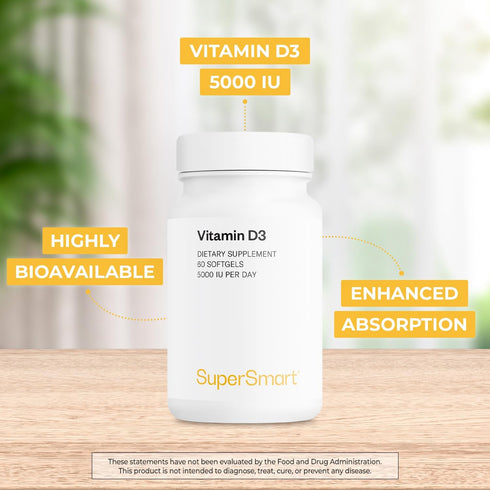 Supersmart Vitamin D3 5000 IU per Day, 125mcg, High Potency & Bioavailability, Non-GMO & Gluten Free, 60 Softgels