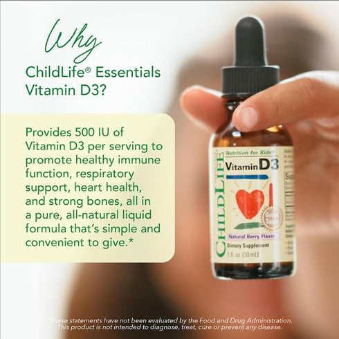 CHILDLIFE ESSENTIALS Vitamin D3 Drops for Kids, 500 IU per Drop, Natural Berry - 1 Fl Oz (Pack of 3)