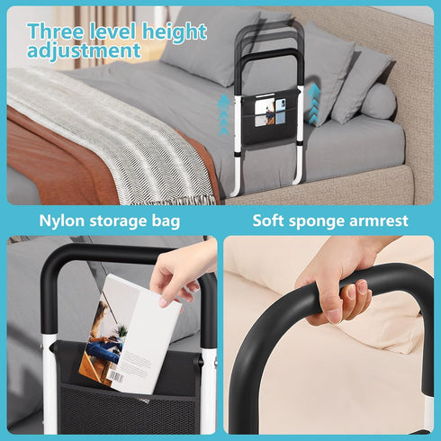 Hopelight Adjustable Bed Rail Support Handle with Storage Pouch, White and Black, Height Assist Safety Guard