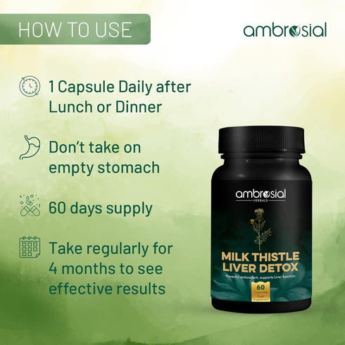 AMBROSIAL Milk Thistle Liver Detox, Dandelion Root & Other Natural Herbs, High Strength Herbal Antioxidant, 60 Capsules