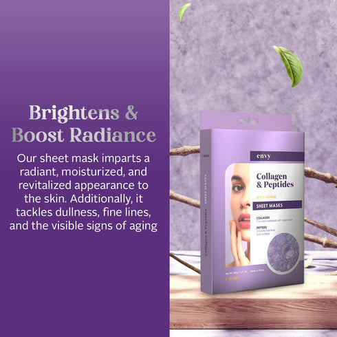 Envy Collagen & Peptides Sheet Face Mask - Dermatologist Tested - Prevents Sun Damage, Reduces Acne Scars & Wrinkles, Hydrating Sheet Mask - Korean Skin Care - All Skin Types - 5 Masks