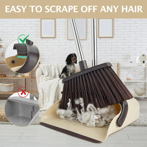 Broom and Dustpan Set, Heavy Dust Broom Combo for Home, Long Handle Dust Pan and Broom Set for Kitchen, Office, Beige