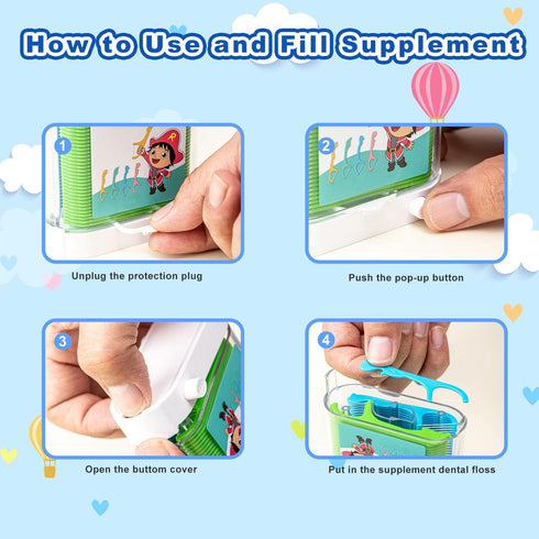 Dentle Floss Pick Holder Dispenser - 88 Floss with 58 Floss Refill, Fun Colorful Animal Floss (1 Pack Green)
