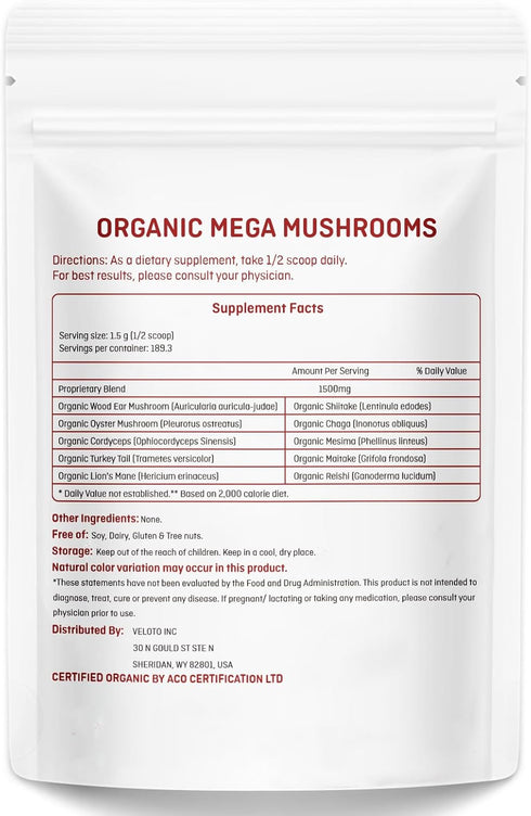 VELOTO Blend,10 1 10oz Organic Mega Mushroom Powder in Complex Mushroom Extract Powder Herbal Supplement with Reishi