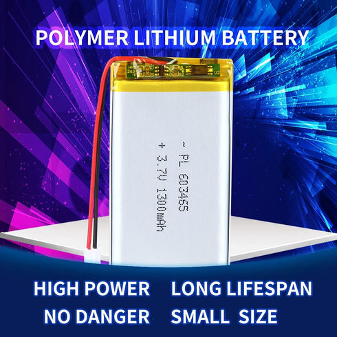 3.7V 1300mAh 603465 Lithium Polymer Ion Rechargeable Battery with 2P PH 2.0mm Pitch Connector