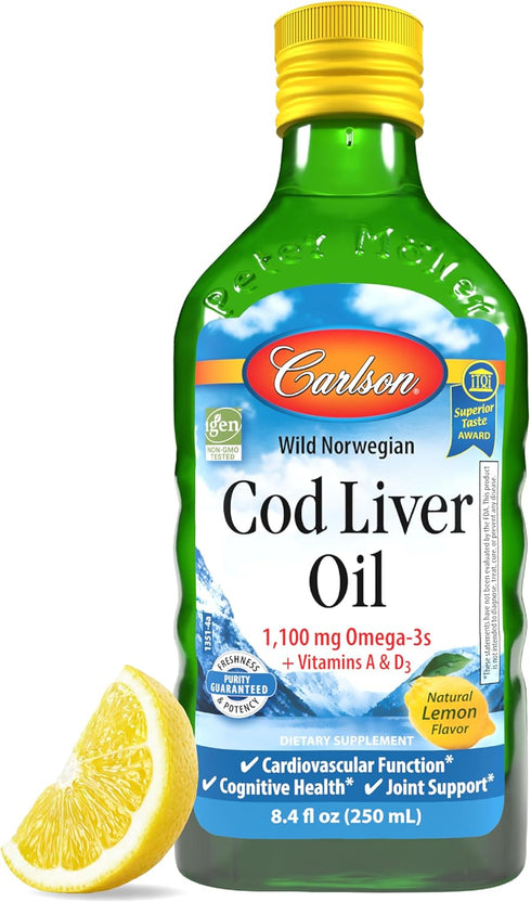 Carlson Cod Liver Oil, 1100 mg Omega-3s, Sustainably Sourced Nordic Liquid Fish Oil, Lemon, 250 ml