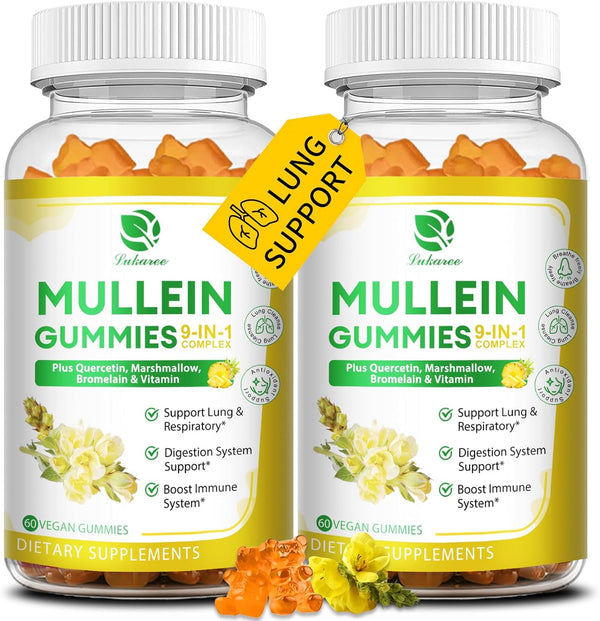 (2 Pack) 9 in 1 Mullein Gummies for Lung Cleanse, Extra Strength 10000MG Mullein Leaf Extract with Quercetin - 120 Ct