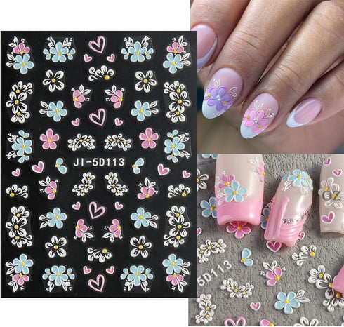 Flower Nail Art Stickers Luxury 5D Embossed Colorful Five Petal Flowers Nail Design for Women, 3 Sheets