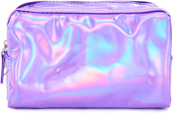 Teensery PU Leather Holographic Makeup Pouch, Waterproof Toiletries Organizer Pen Bag for Women and Girls, Purple