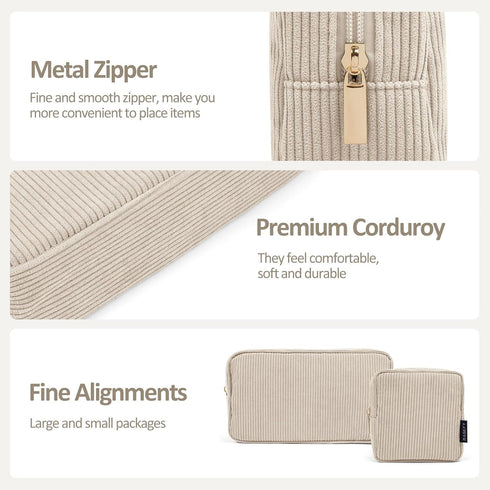 MAGEFY Makeup Bag for Purse, 2 Pcs Corduroy Cosmetic Bag for Girls Women, Small Travel Pouch with Zipper (Beige)