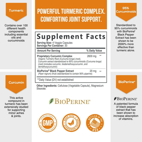 Turmeric Curcumin with BioPerine Black Pepper Extract 2600mg - High Absorption Ultra Potent Tumeric Herbal Supplement with 95% Curcuminoids, Nature's Turmeric for Joint Support, Non-GMO, 120 Capsules
