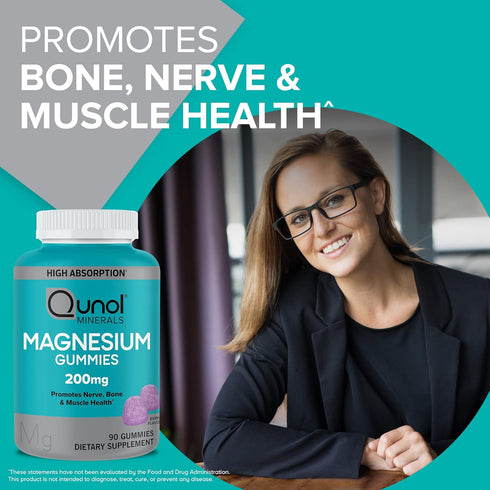 Qunol Magnesium Gummies for Adults, 200mg Magnesium Citrate High Absorption Supplement, Supports Nerve/Bone Health, Muscle Health, Vegetarian, 90 Count (pack of 1)