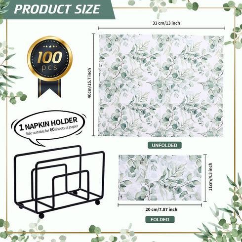 zjdbset 100Pcs Disposable Greenery Hand Towels and Metal Napkin Holder for Bathroom,Decorative Guest Napkins Paper