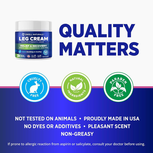 OWELL NATURALS Maximum Strength Relief Legs Cream - Fast Acting Natural with Aloe Vera and Vitamin E