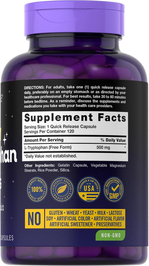 Carlyle L-Tryptophan 500mg | 120 Capsules | Amino Acid Supplement | Free Form | Premium Formula | Non-GMO & Gluten Free