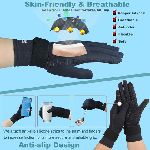 Copper Arthritis Gloves, Adjustable Wrist Strap Full Finger Compression Gloves for Pain Relief