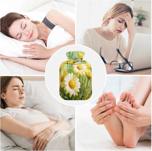 miaozhen 2L Daisy Flower Oil Painting hot Waterbottle with Soft Cover hotwater Bag for Pain Relief Menstrual Cramps