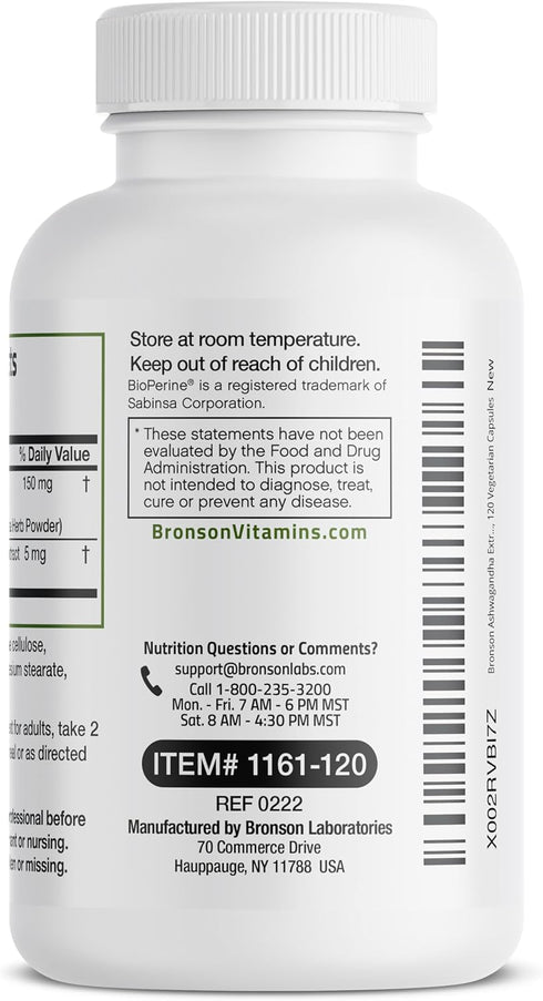 Bronson Ashwagandha Extra Strength Stress & Mood Support with BioPerine | 120 Vegetarian Capsules | Non-GMO